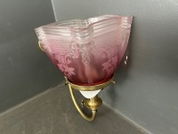 British Made Gas Wall Sconce Brass with Etched Frosted Pink Shade - 3