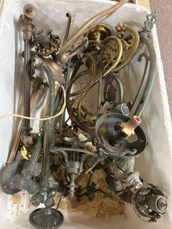 Box Lot of Assorted Brass and Copper Gas Light Wall Sconces - No Shades -Various Condition