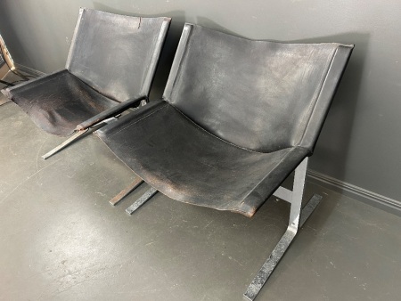 Pair Clemont Meadmore Leather Sling Chairs Leather & Chrome