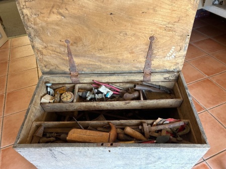 Large Wooden Box containing Various Vintage Tools, Tins, etc