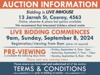 AUCTION INFORMATION: Bidding is live at 13 Jarrah St, Cooroy, 4563 & online via web feed (simulcast) - It is recommended that interested bidders attend the auction onsite | BIDDING COMMENCES: 9am, Sunday, September 8, 2024, Registration from 8am (photo I.