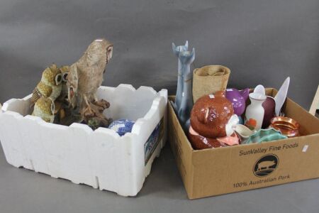 2 Assorted Box Lots inc. Owls, Cookie Jars, Glass Vases Etc.