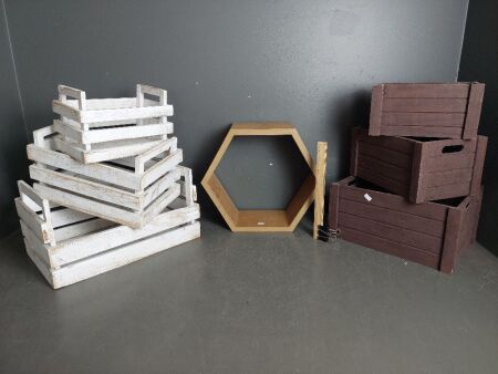 Rustic Decorative Storage Boxes with wall Hanging Hexagon Floating Shelf