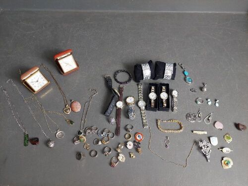 Large Mixed lot of Ladies Watches, Misc. Jewellery & 2 Desk Clocks