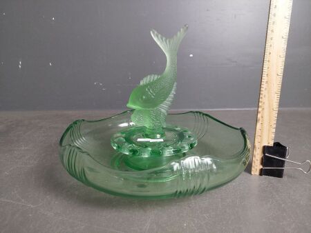 Green Depression Glass Fish Float Bowl with Frog