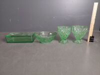 Green Depression Glass Collection inc. Butter Dish, Diamond Cut Vases & Fruit Bowl