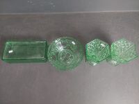 Green Depression Glass Collection inc. Butter Dish, Diamond Cut Vases & Fruit Bowl - 2