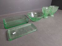 Green Depression Glass Collection inc. Butter Dish, Diamond Cut Vases & Fruit Bowl - 3