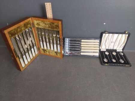 Mother of Pearl Fish Knives & Forks, EPNS England Coffee Spoons & 6 Wiltshire Stainless Knives