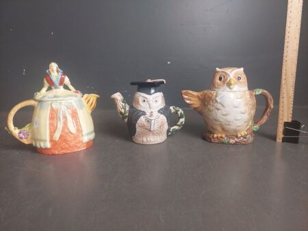 3 Novalty Tea Pots, inc. Hand Painted Mary Ann Baker Owl