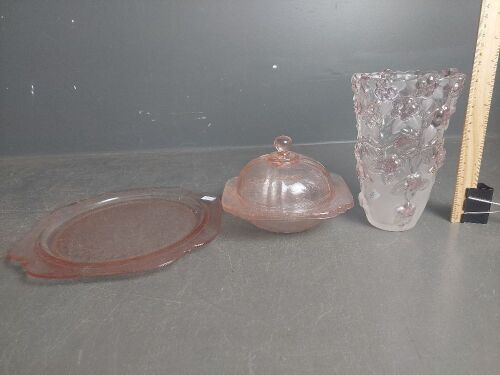 Etched Pink Glass Platter, Bowl, Butter Dish and Pink / Cloudy Glass Vase