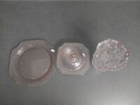 Etched Pink Glass Platter, Bowl, Butter Dish and Pink / Cloudy Glass Vase - 2