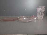 Etched Pink Glass Platter, Bowl, Butter Dish and Pink / Cloudy Glass Vase - 3