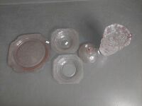 Etched Pink Glass Platter, Bowl, Butter Dish and Pink / Cloudy Glass Vase - 4