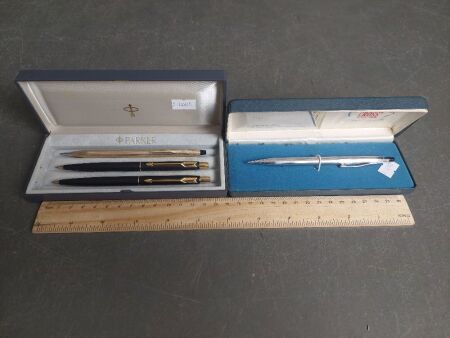 Cross Lustrous Chrome Pencil Pen & 3 Parker Pens / Pencils