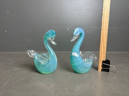 2 Teal Coloured Murano Glass Swans