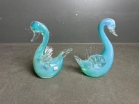 2 Teal Coloured Murano Glass Swans - 3