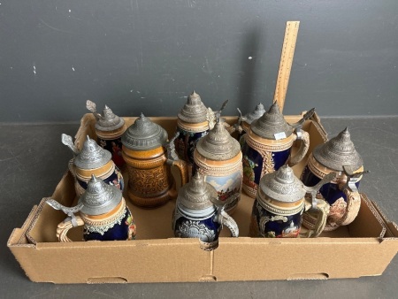 11 Pewter Lidded Beer Steins