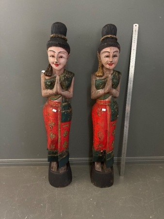 Pair Wooden  Statue Thai Sawasdee Lady