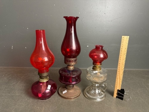 3 Red Glass Kerosene Lanterns