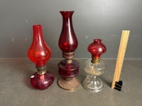 3 Red Glass Kerosene Lanterns - 2