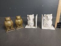 White Metal Owl Book Ends with Pair Brass Owl Book Ends