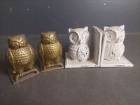 White Metal Owl Book Ends with Pair Brass Owl Book Ends - 4