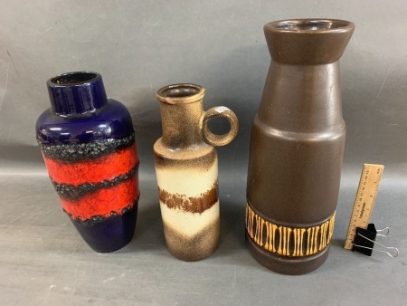 3 Mid Century Pottery Vases 2 W.German & 1 Israeli