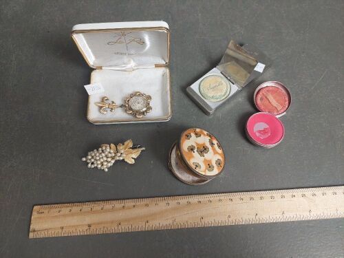 Antique Make Up Compacts With Nurses Watch &  Art Deco Brooch