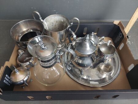 Mixed lot of Silver Plate inc. Caraf, Coffee Pot, Cups Misc