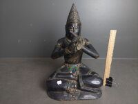 Wooden Asian Flute Player Statue with Glass Inlays