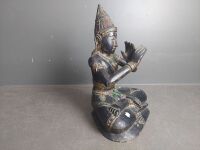 Wooden Asian Flute Player Statue with Glass Inlays - 2