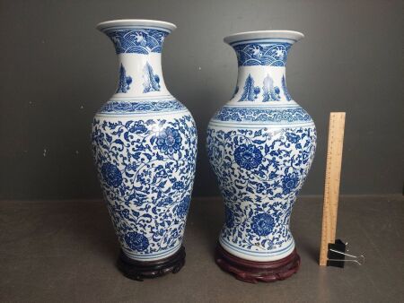 2 Porcelain Vases - Marked to Base - on Rosewood Bases