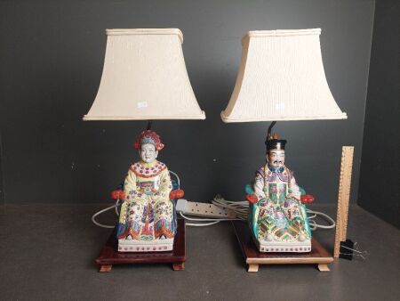 Pair of Table Lamps - Copper Adjustable Stems on Wooden Base with Porcelain Asian Statues