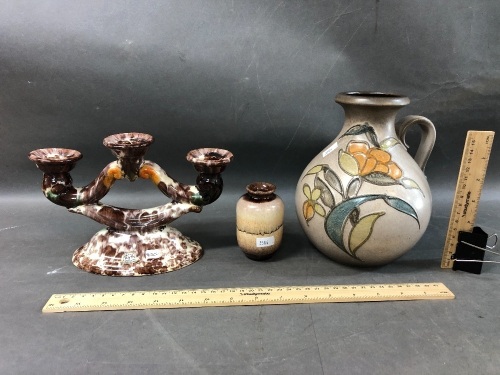 3 Pieces of Mid Century West German Pottery inc. Jug, Candleabra & Mini Vase