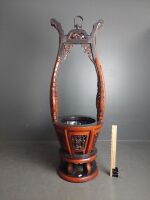 Carved Chinese Wine Carrier with Metal Swivel and Brace