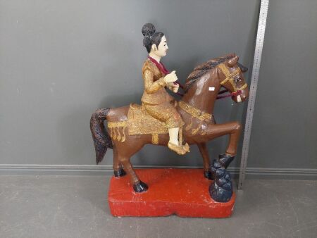 Burmese Gilded Lacquered Wooden Carving of Ba Khan Man on Horse