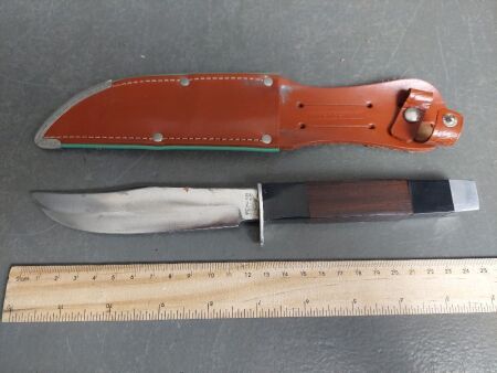 Emil Vos Germany fixed blade knife with leather sheath, 130mm edge and 250mm long