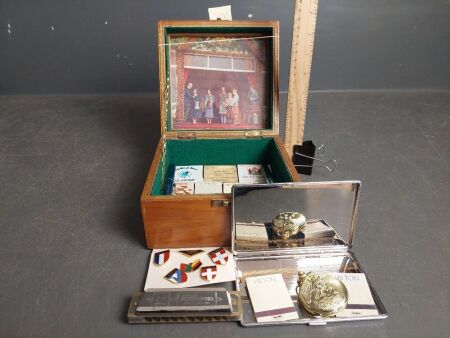 Vintage Box of Collectables Badges, Pens, Harmonica, Fob Watch