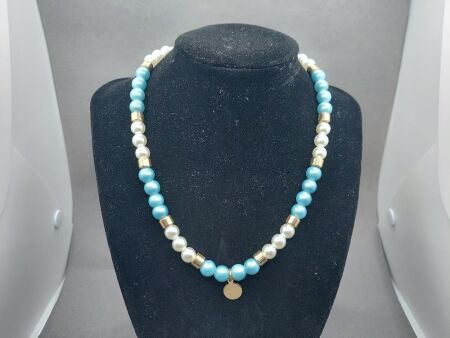 Aquamarine and Faux Pearl Neclet with Gold Trim - Please Note Change of Discription