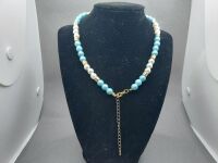 Aquamarine and Faux Pearl Neclet with Gold Trim - Please Note Change of Discription - 2