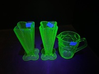 2 x Small Uranium Glass Vases & Small Uranuim Glass Jug