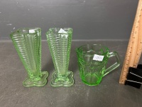 2 x Small Uranium Glass Vases & Small Uranuim Glass Jug - 2