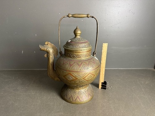 Large Antique Etched Brass and Copper Oriental Decorative Pot