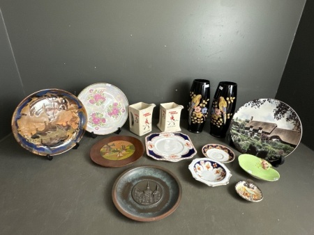 Mixed Lot of Antique / Vintage Plates, Two Vases & 2 Whisky Jugs