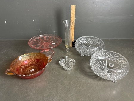 Crystal Fruit bowls with Amber Carnival Glass Grape Bowl & Pink Glass Serviing Platter