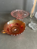 Crystal Fruit bowls with Amber Carnival Glass Grape Bowl & Pink Glass Serviing Platter - 2