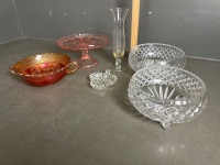 Crystal Fruit bowls with Amber Carnival Glass Grape Bowl & Pink Glass Serviing Platter - 4