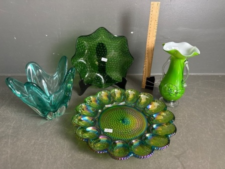 Green Carnival Glass Egg Plate, Green Glass Vase, Murano Green Glass Vase & Small Green Glass Bowl