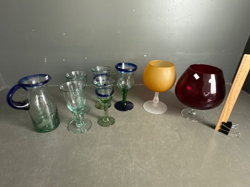 Hand Blowen Blue Glass Wine Glasses & Caraff with 2 Large Glass Goblets / Vase